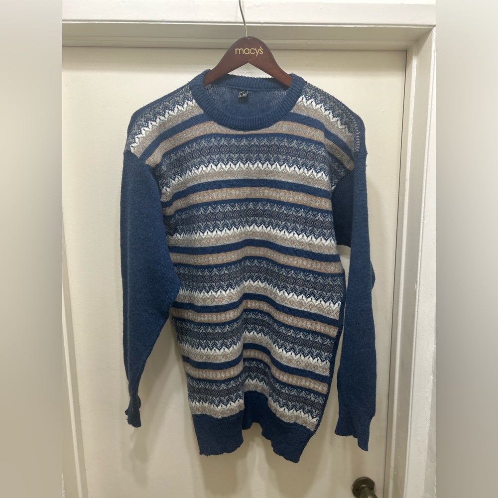 Vintage Shetland Wool Fair Isle Sweater Men’s L Blue Beige Nordic Knit Retro